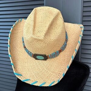 Bullhide Woven Straw Cowboy Hat With Turquoise Details, Size Small